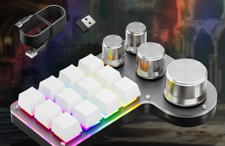 Tastatura de trading: 12 taste mecanice cu iluminare RGB, 3 knob-uri mici și unul mare, cu cablul USB-C și receptorul 2.4G